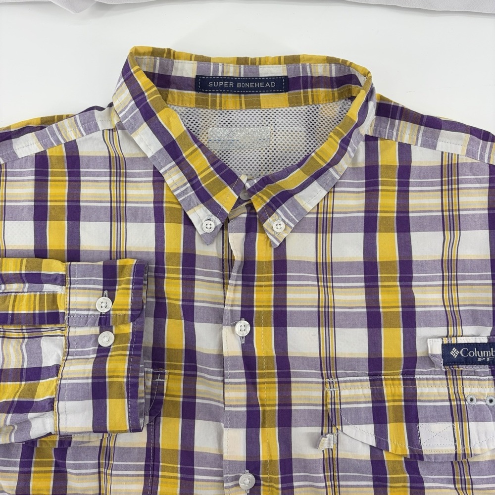 Columbia LSU Tigers PFG Super Bonehead Fishing Shirt Men's XL Purple Gold Plaid